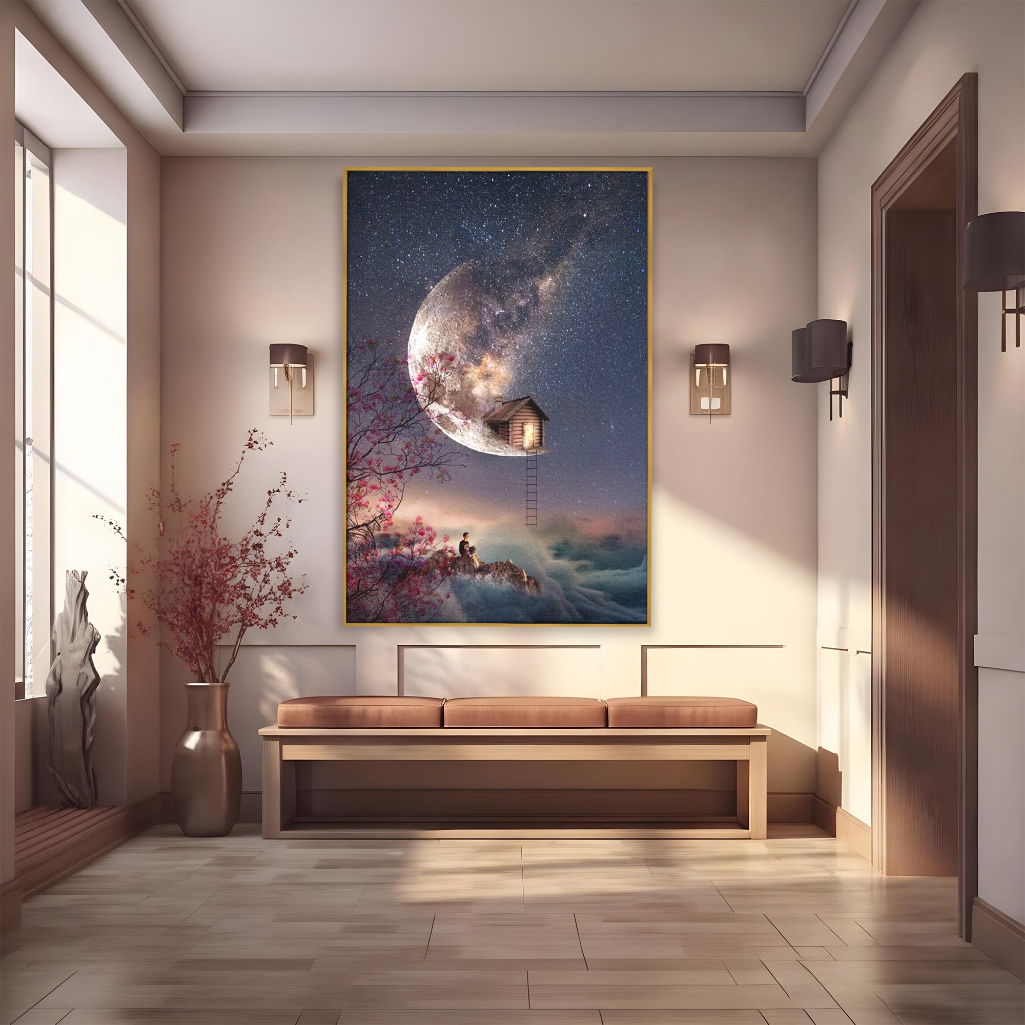 Tablou canvas cu ilustratie digitala cu casa pe luna, in rama de aluminiu auriu